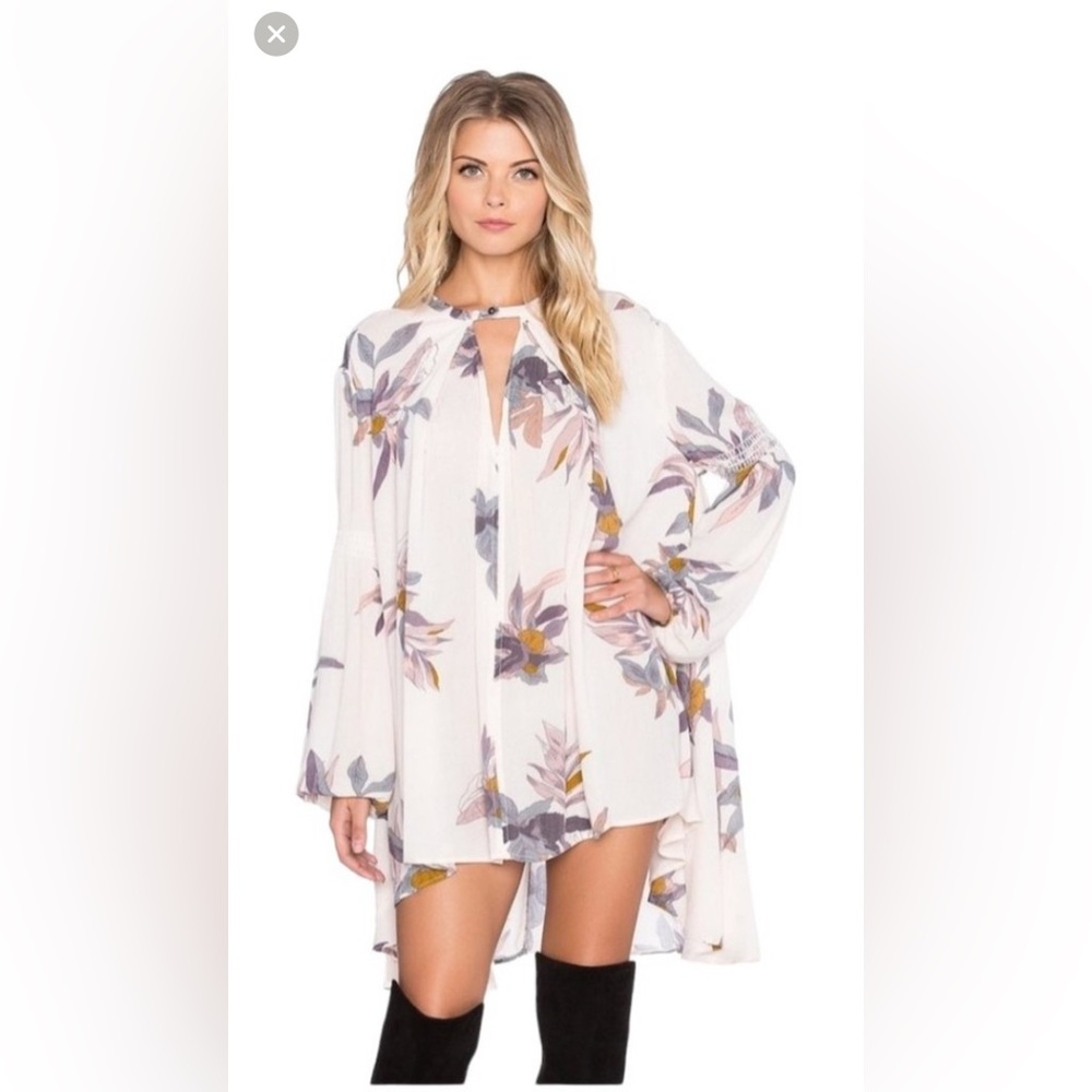 Free People Tree Swing Mini Dress Long Sleeve V- Neck Floral w/pockets